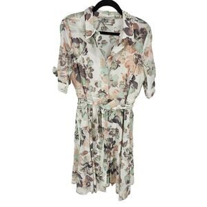 Calvin Klein Floral White Half Sleeve Knee Length Button Front Dress Size 12